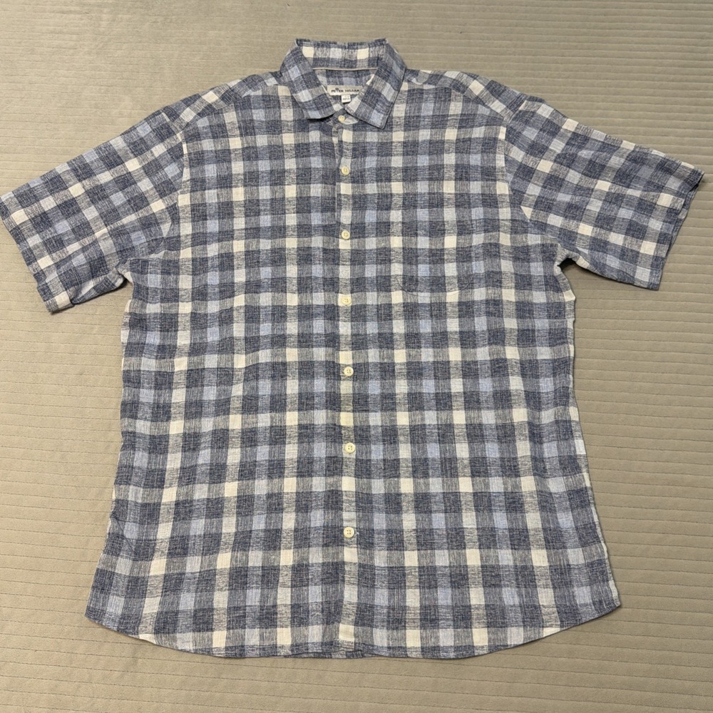Peter Millar Shirt Men L Blue Linen Button Down Pocket Preppy Relaxed plaid